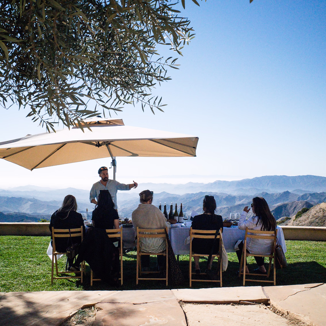 Host presenting wines to seated guests above layered ridgelines under an umbrella