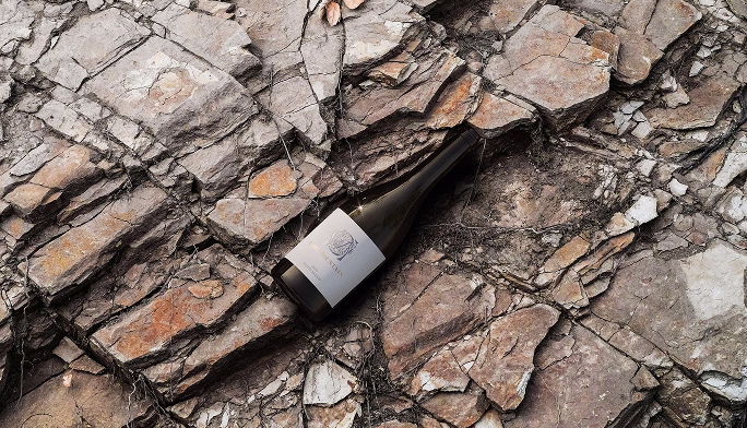 Wine bottle resting on fractured shale at Ojai Mountain Estate