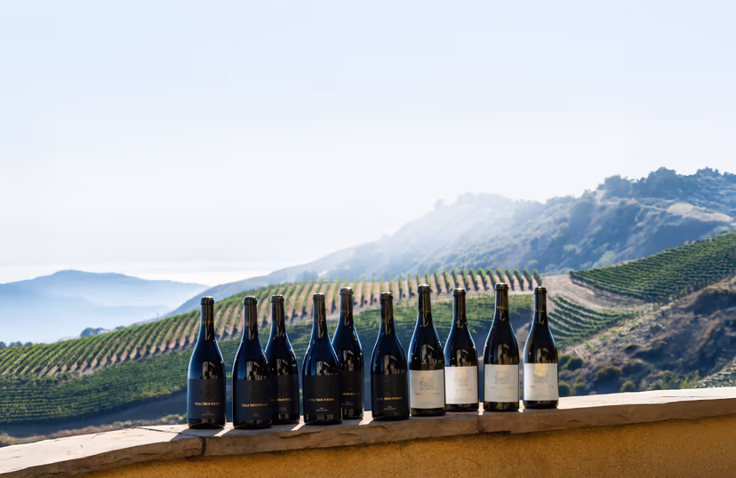 Ojai Mountain estate bottles lined along a stone ledge above the high-elevation vineyard